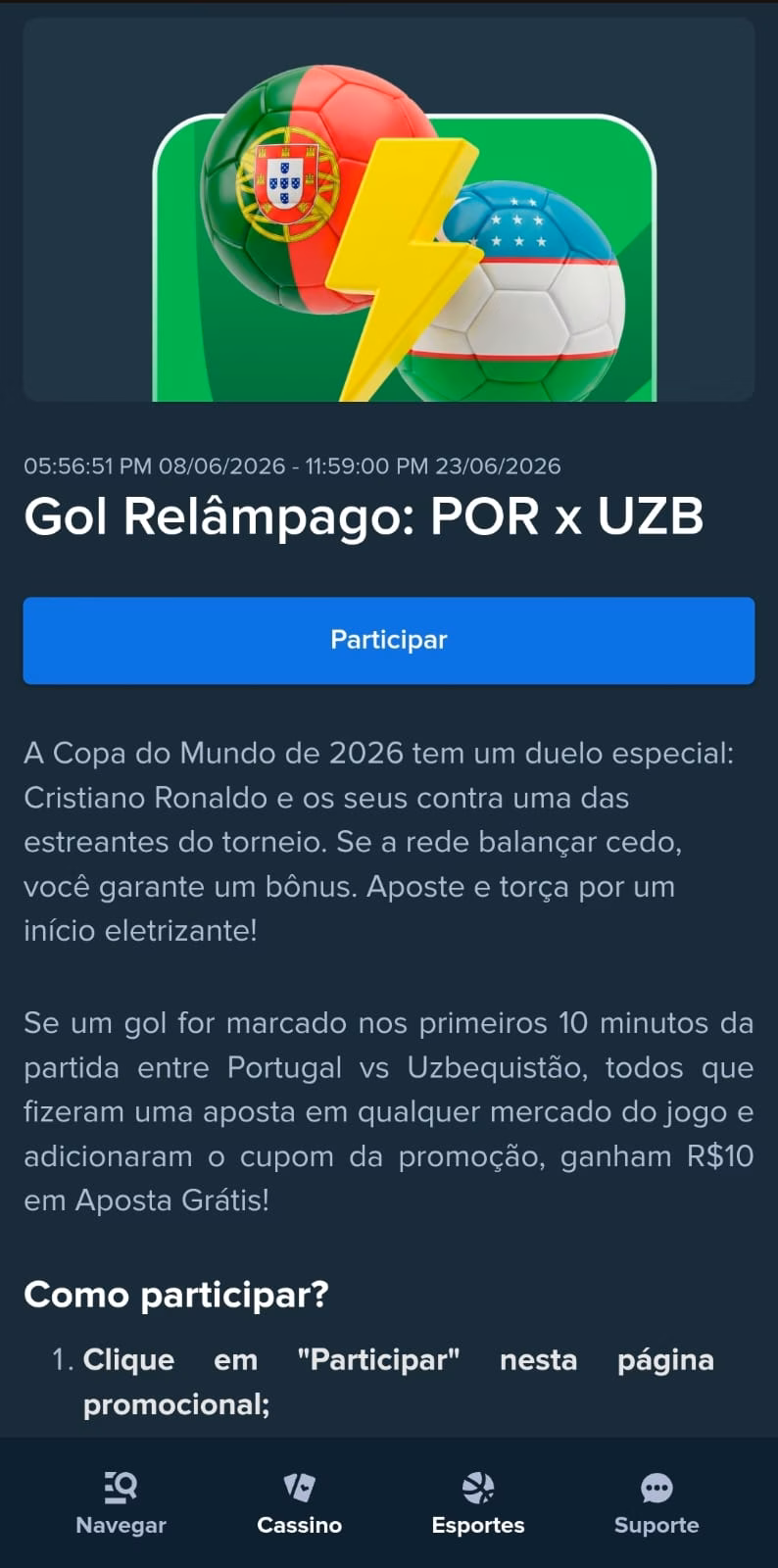 Oferta de Gol Relâmpago da Stake para a partida entre Portugal x Uzbequistão.