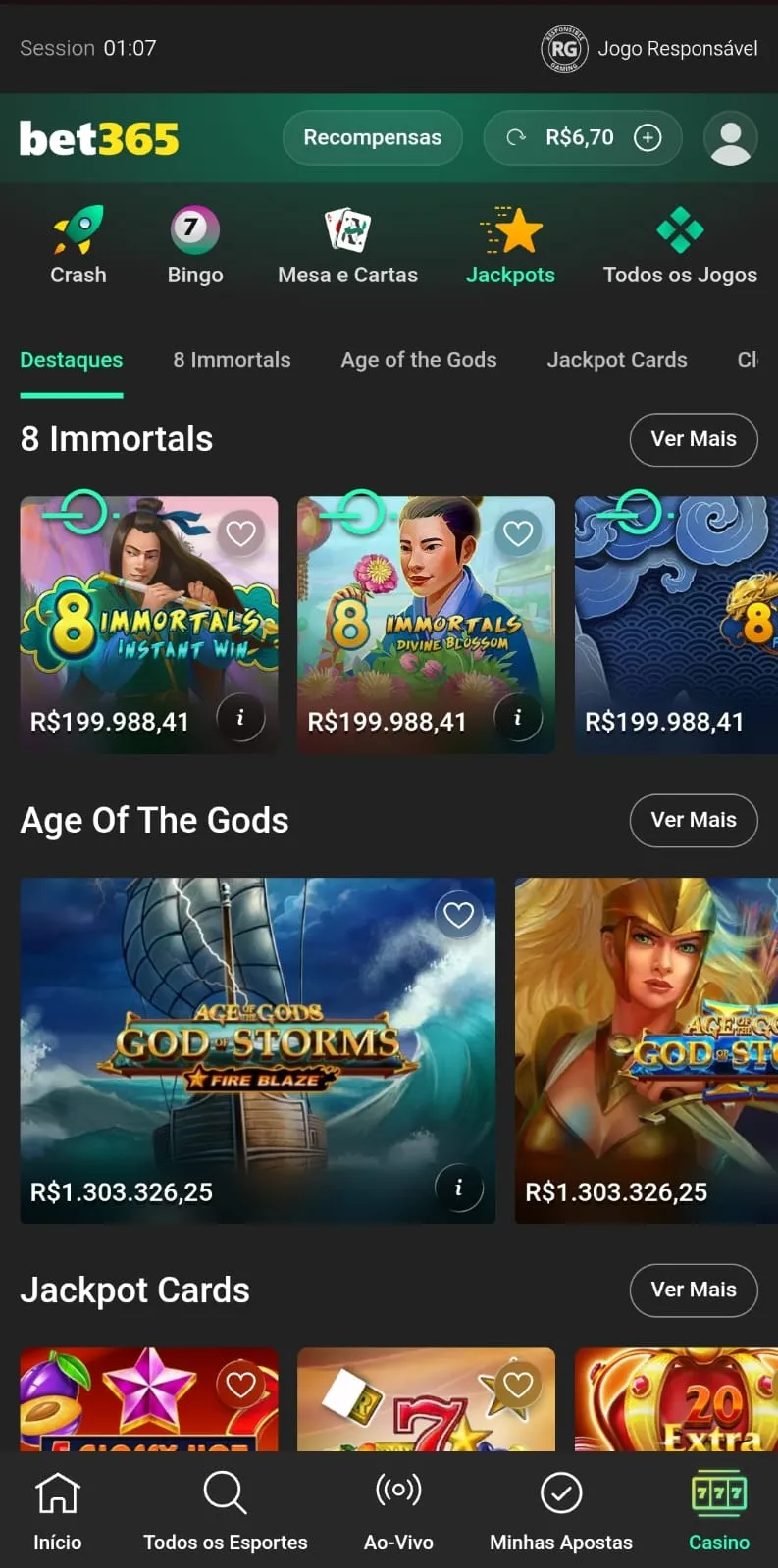 Catálogo de Jackpots da bet365 com títulos das franquias 8 Immortals e Age Of The Gods