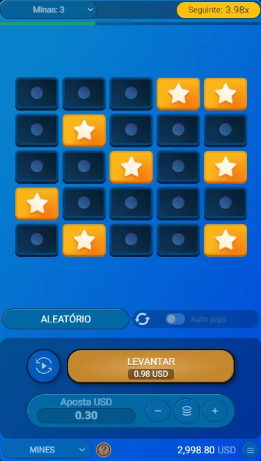 Crash game Mines, com 8 quadrados revelados na grade 5x5 e opção de levantar a 0.98 USD