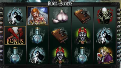 Diferentes figuras de terror na grade 5x3 com um fundo cinza do Slot Blood Suckers
