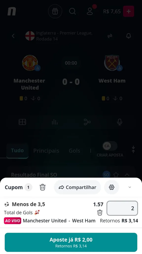 Cupom de aposta simples na Novibet com mercado de total de gols -3,5 gols com odds 1.57 e retorno potencial de R$ 3,14.