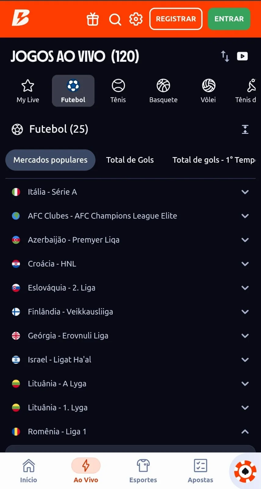 Apostas ao vivo com símbolo de player da transmissão ao vivo na Betano.