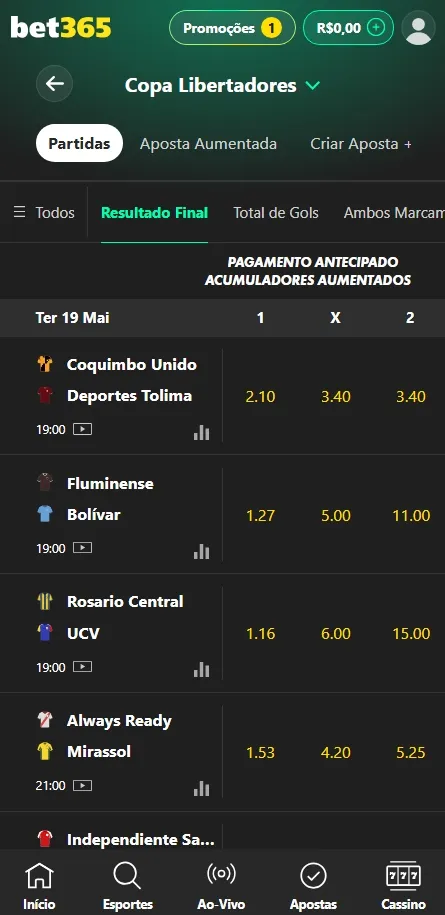 Cotações para o mercado de resultado final de diferentes jogos da Libertadores na Bet365