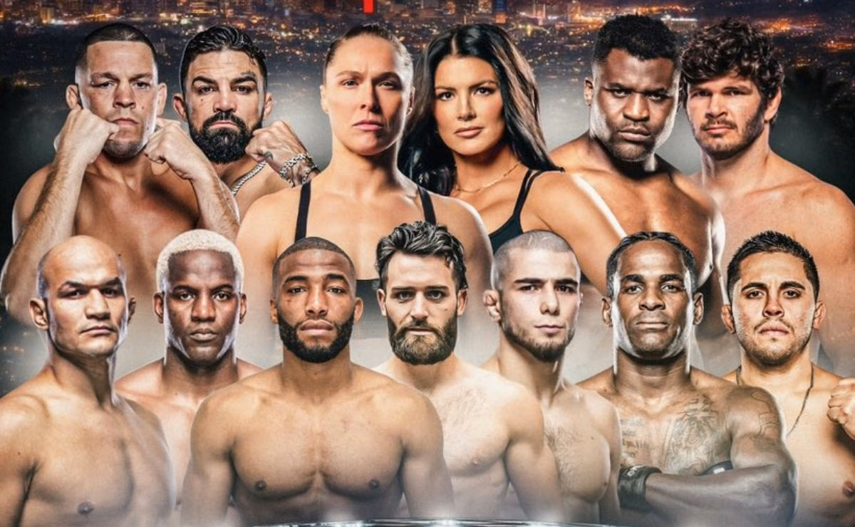 Montagem com os principais lutadores do card do evento de MMA da MVP, incluindo Ronda Rousey, Francis Ngannou e Junior Cigano