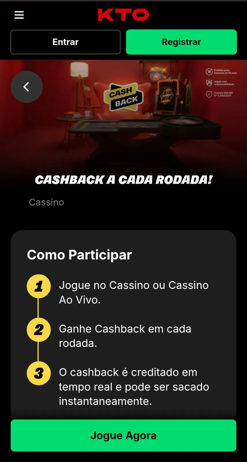 Informações da oferta de cashback da KTO com o passo a passo para participar e o botão 