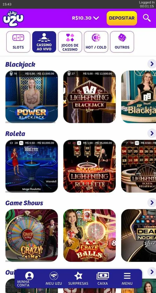 Cassino ao vivo da PlayUZU com jogos de blackjack, roleta e game shows, além de botões para seções de slots e outros.