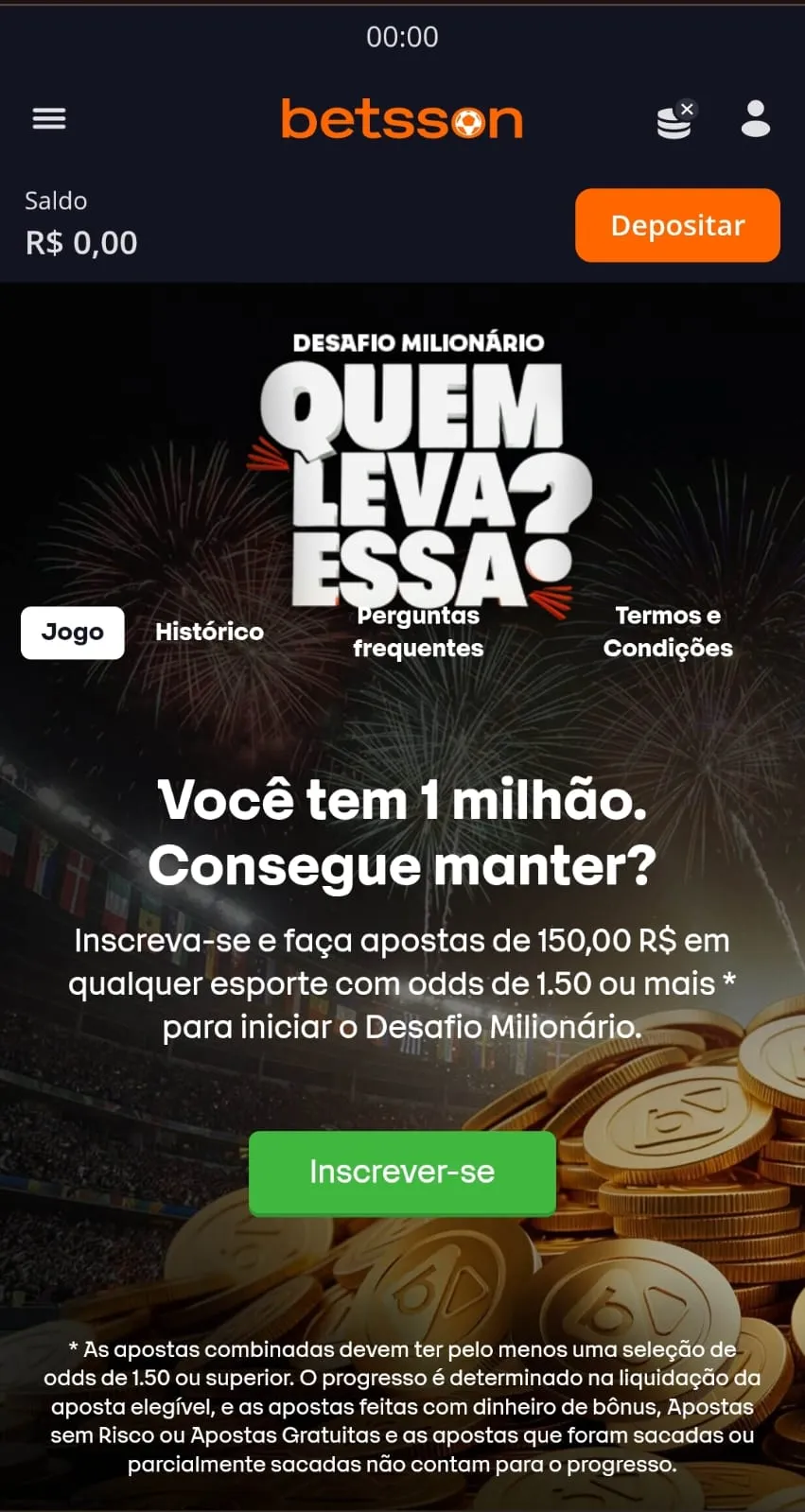 Tela mobile do Desafio Milionário da Betsson para a Copa do Mundo 2026
Data: 22/06/2026