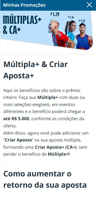 Múltipla + na Sportingbet, com 3 esportistas no banner e texto explicativo sobre o resumo da oferta e como funciona
