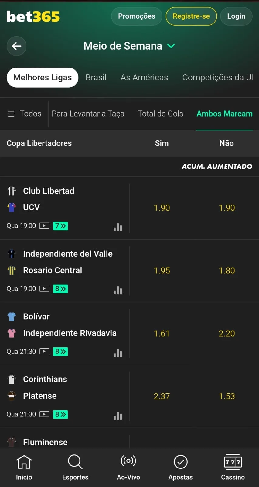 Página do mercado de Ambos Marcam nas apostas da Copa Libertadores na bet365