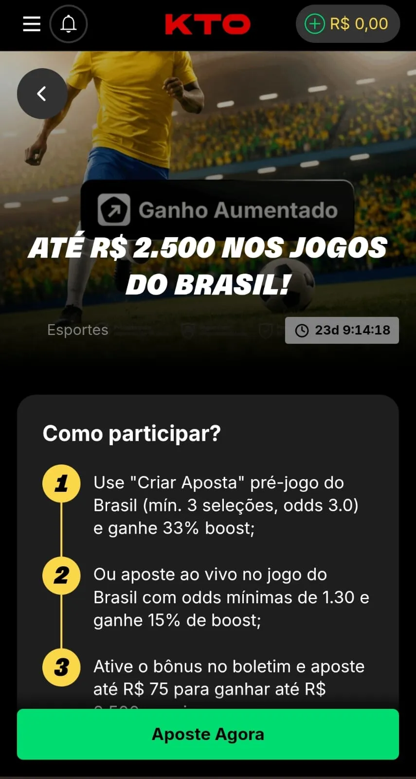 33% de Ganho Aumentado na KTO com apostas múltiplas nos jogos do Brasil na Copa do Mundo