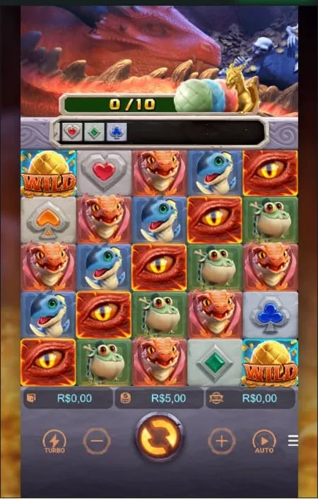 Diferentes figuras de dragões na grade 5x5 de Dragon Hatch, com barra de ovos de dragões em 0/10