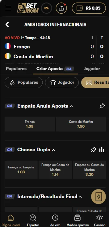 Mercado Empate Anula Aposta disponível no Criar Aposta da BetMGM para amistoso entre França e Costa do Marfim

