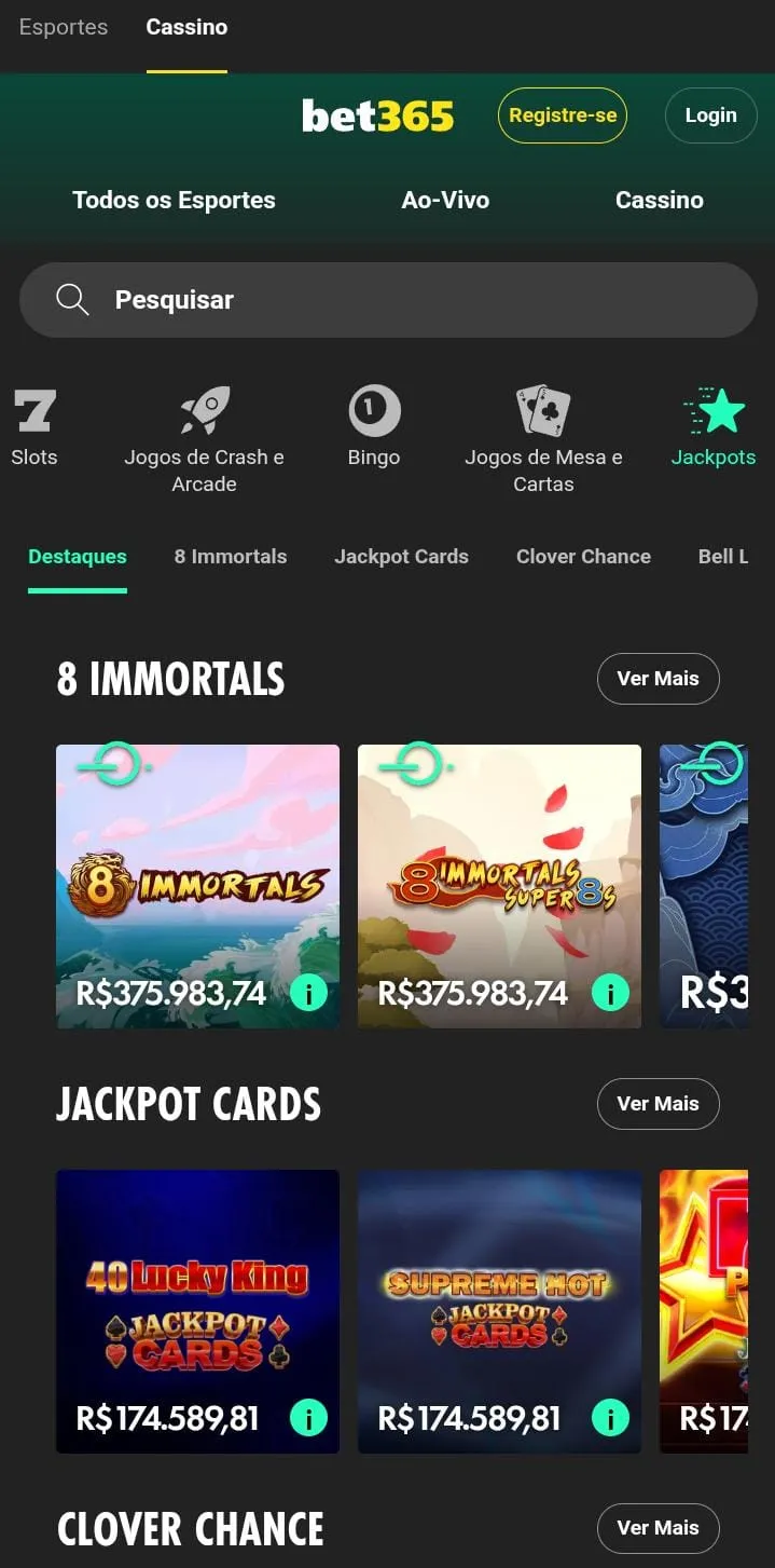 Jogos de jackpots em destaque na Bet365, incluindo slot da série 8 Immortals e Jackpot Cards