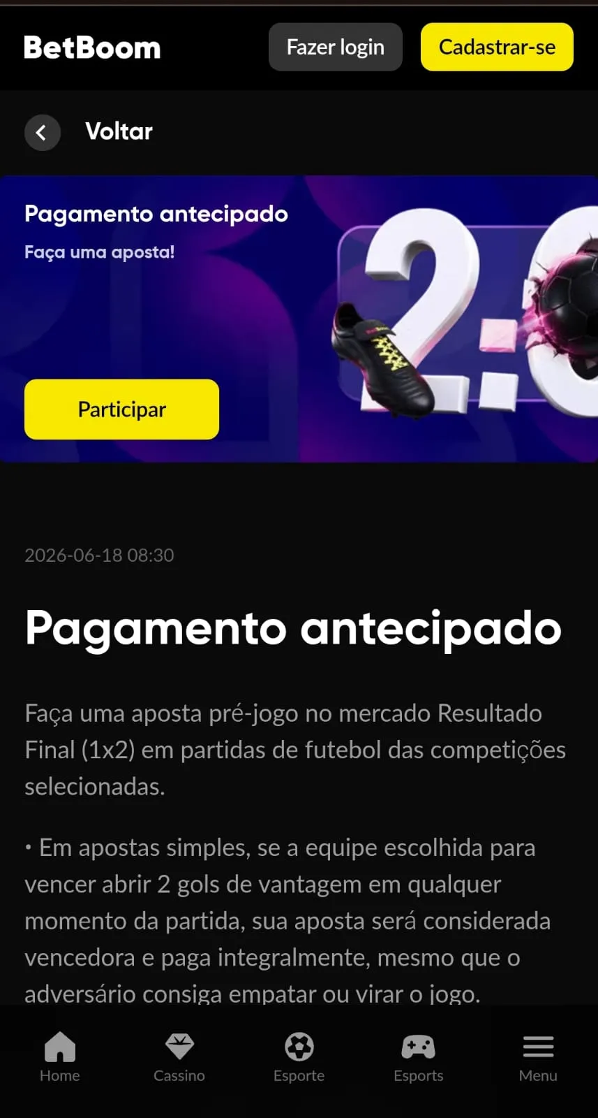  Captura de imagem da oferta de Pagamento Antecipado para Copa do Mundo na Betboom
Data: 07/07/2026