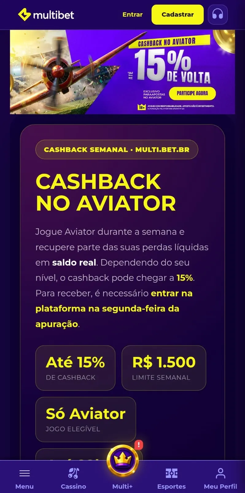 Oferta de cashback para o Aviator na Multibet com até 15% de reembolso por semana