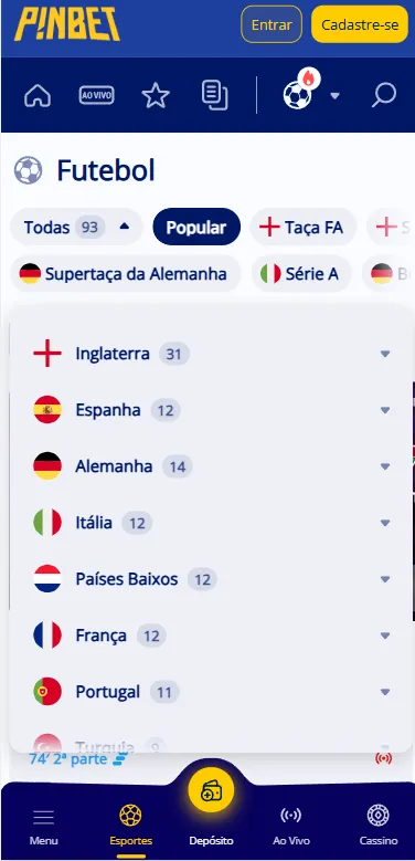 Países com competições de futebol disponíveis na Pinbet