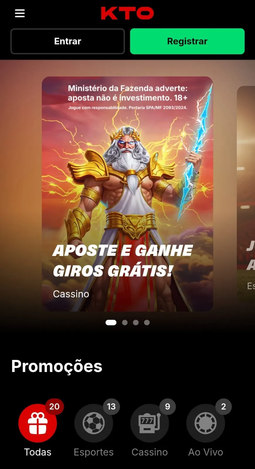 Promoção "Aposte e ganhe giros grátis"na KTO para o slot Gates of KTO Super Scatter da Pragmatic Play.