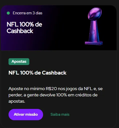 Promoção de 100% de cashback na NFL na Pitaco