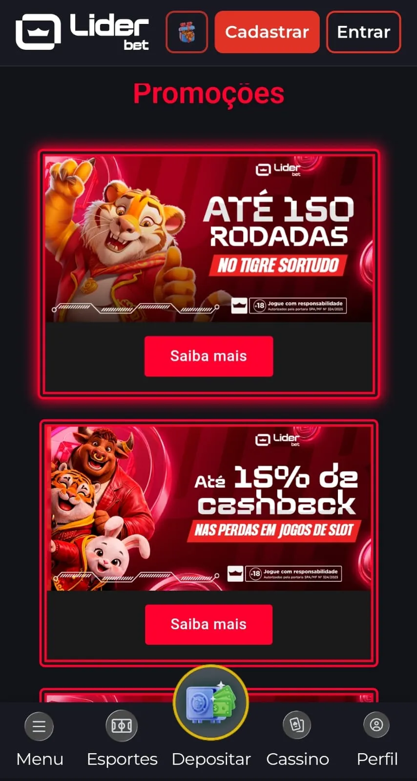 Página de promoções da Liderbet destacando as ofertas de até 150 giros grátis no Tigre Sortudo e cashback de até 15% para jogos de slots.