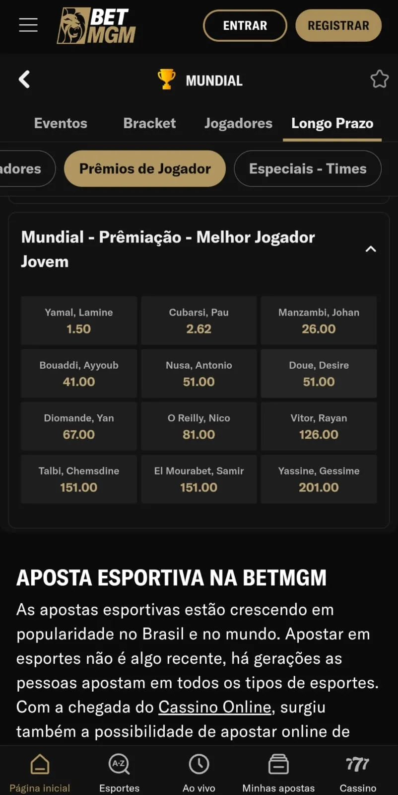 Mercado de melhor jogador jovem da Copa do Mundo na BetMGM