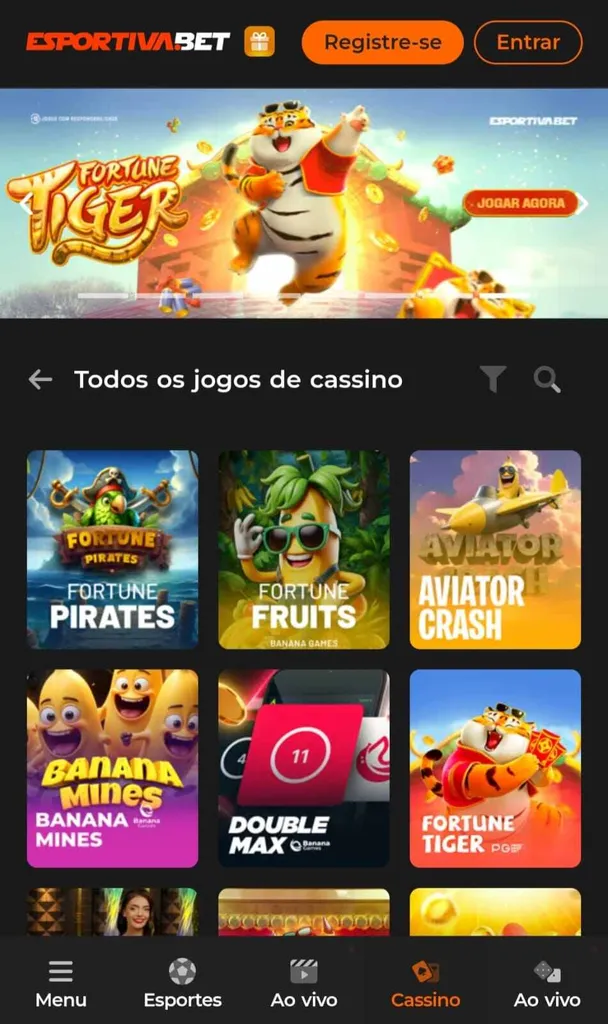 Cassino Esportivabet com lista de todos os jogos de cassino e Fortune Pirates, Fortune Fruits e Aviator em destaque