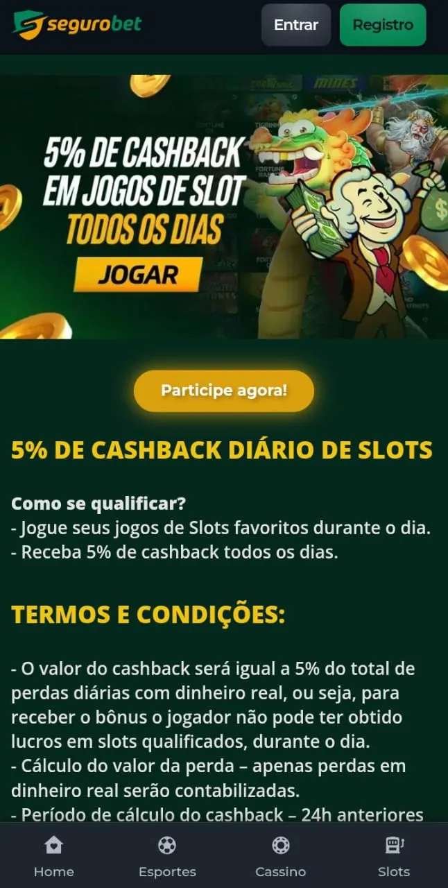 Banner com personoagens de slots, botão de Participe Agora e texto informativo do cashback diário de 5% da Segurobet