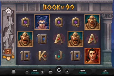 Diferentes figuras na parede de cor cinza da grade 5x3 do slot Book of 99