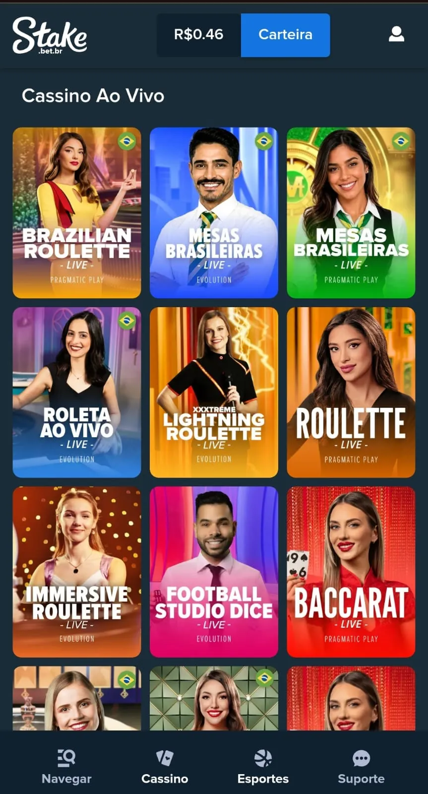 Página de jogos do cassino ao vivo da Stake, com opções de Roleta Brasileira