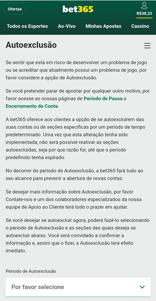 Área de autoexclusão da Bet365 com possibilidade de restringir acesso ao site, áreas da plataforma e mais informações