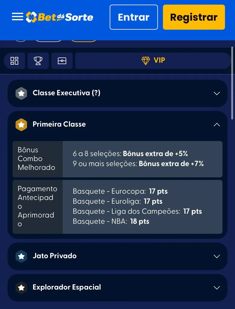 Programa vip da Bet dá Sorte com níveis Classe executiva, primeira classe, jato privado e explorador espacial.