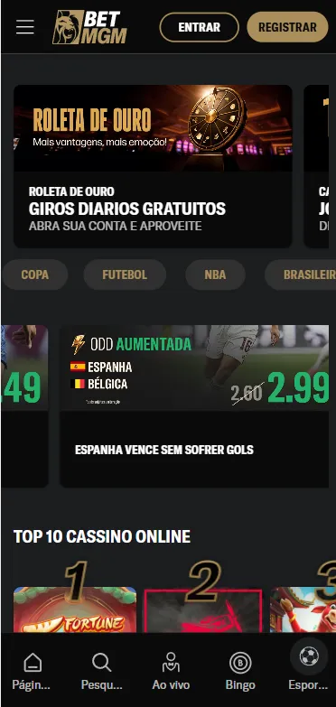 App da BetMGM exibindo banners de odds aumentadas, Roleta de Ouro e giros grátis disponíveis diariamente