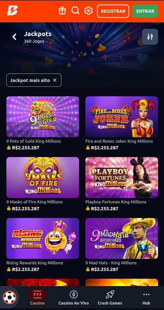 Seção de jackpots da Betano com ícones de 6 jogos, incluindo o 9 pots of Golg King Millions e o valor deles em R$2,2 milhões