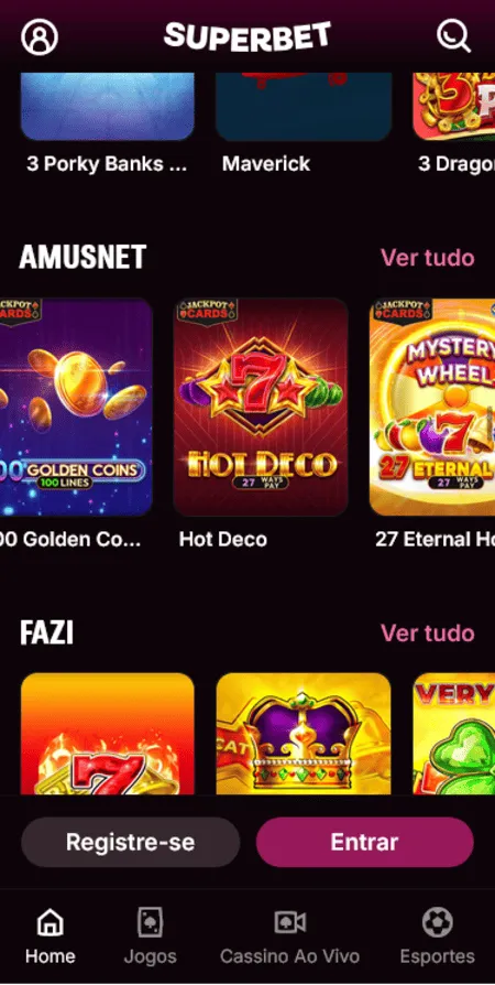 Seção de jackpots da SuperBet, incluindo jogos da Amusnet, como Hot Deco e da Fazi
