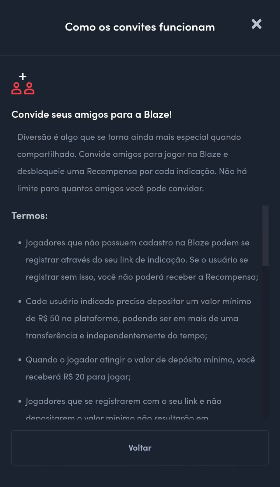 Texto informativo do programa Indique um amigo da Blaze, informando que a oferta pode dar R$ 20 a cada amigo indicado.