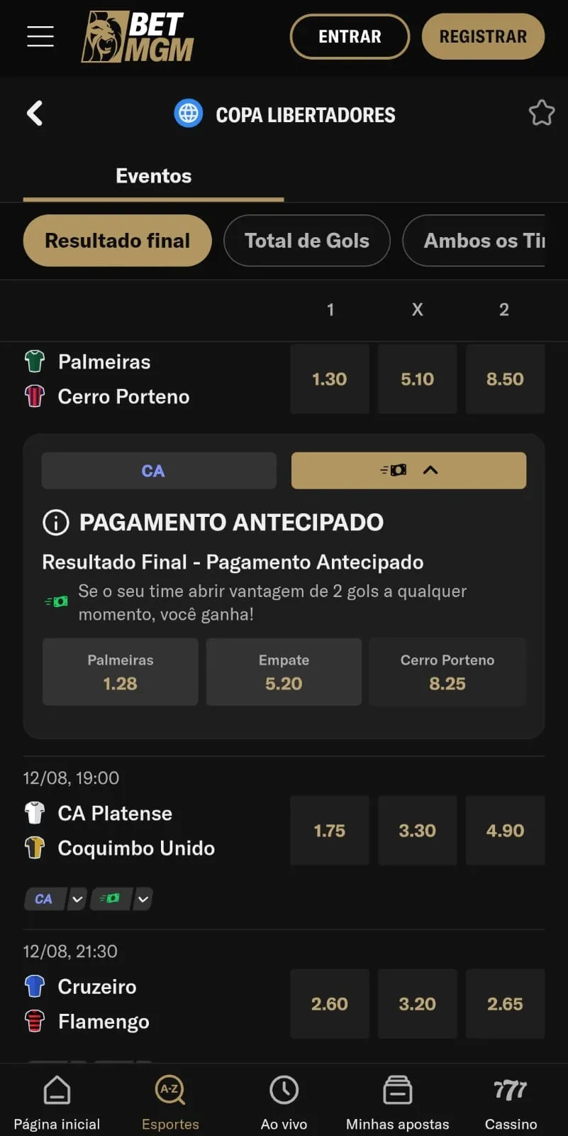 Partidas do mata-mata da Libertadores, com destaque para Flamengo e Palmeiras com pagamento antecipado.