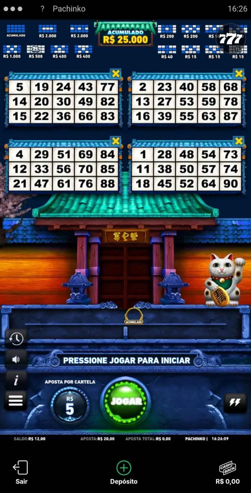 Jogo de bingo online Pachinko com aposta definida em R$ 5, 4 cartelas e botão para jogar.