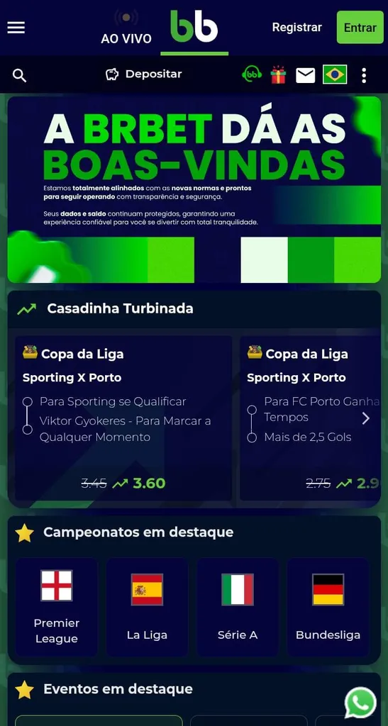 Banner com mensagem de boas-vindas da BRBet e casadinha turbinada do jogo Sporting x Porto