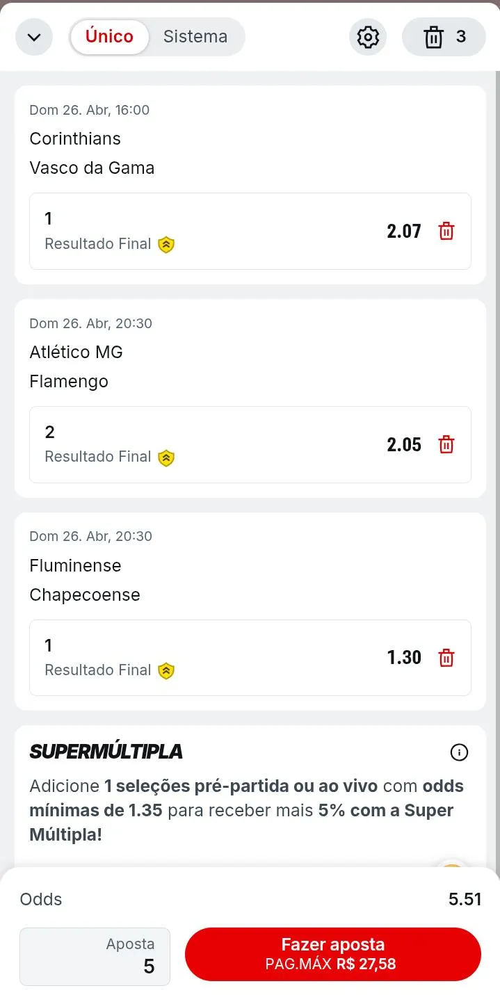 Bilhete de aposta múltipla com três seleções com pagamento antecipado da Superbet.