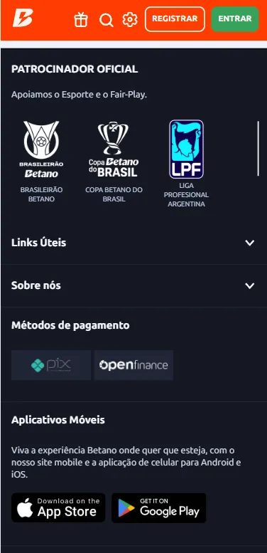 Rodapé da Betano com patrocínios oficiais do Brasileirão Betano, Copa Betano do Brasil e Liga Profesional Argentina