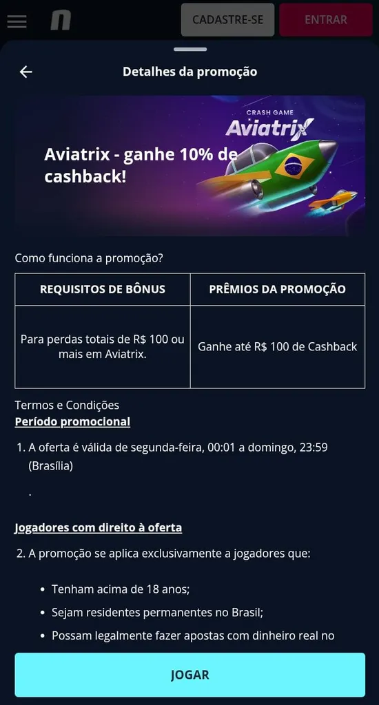 Cashback de Aviatrix da Novibet, com 10% de dinheiro de volta no jogo e texto explicativo sobre o bônus