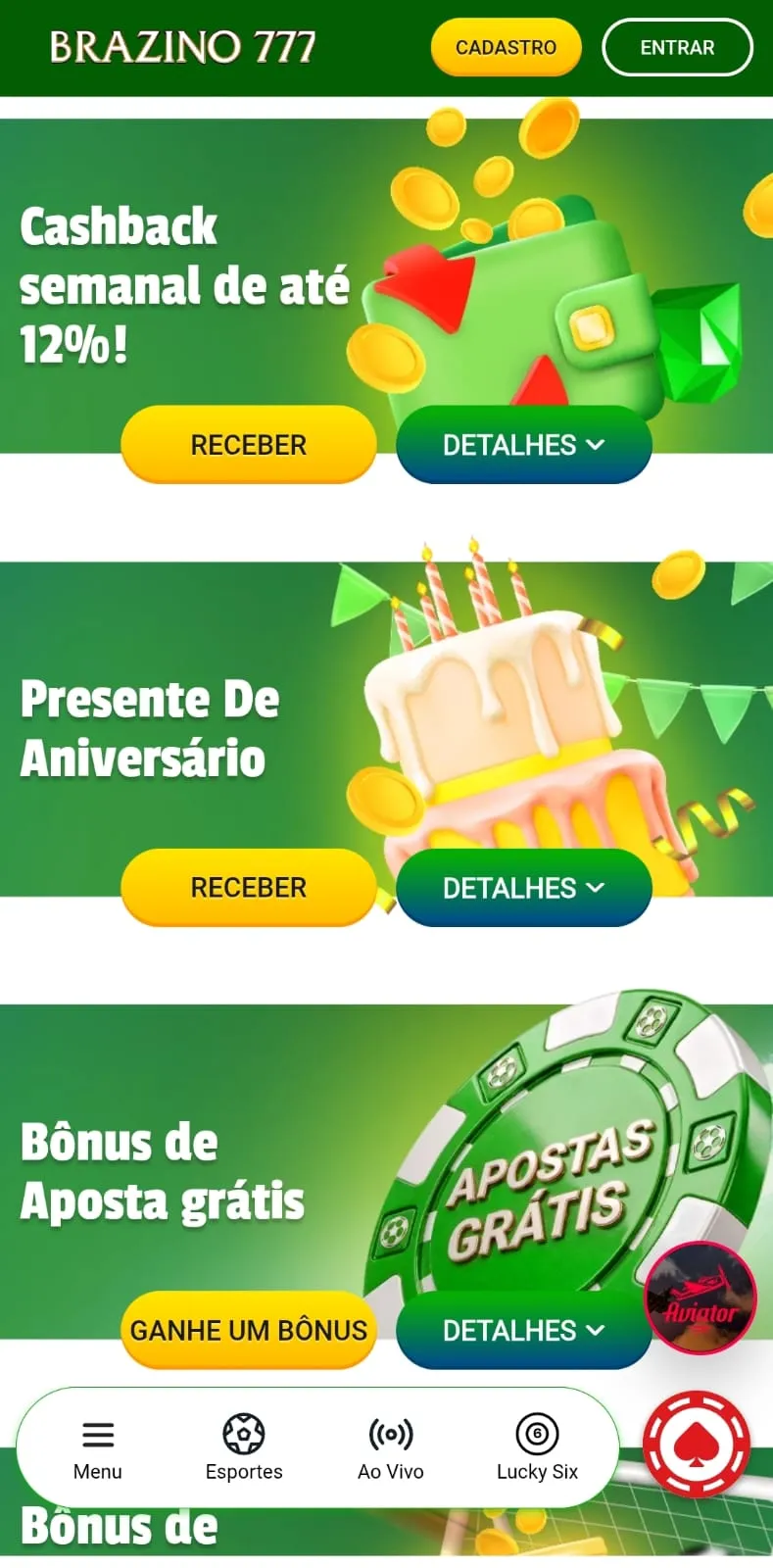 Página de promoções da Brazino com o banner do cashback semanal até 12% e outras ofertas da operadora.