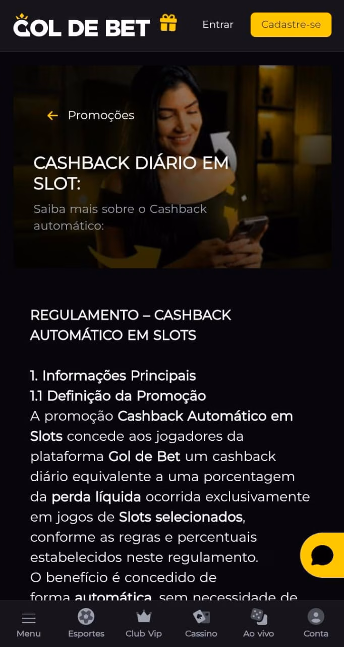 Mulher sorrindo e texto informativo sobre o ponto 1 do regulamento do cashback da Gol de Bet