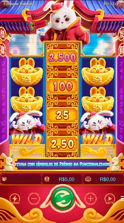 Slot Fortune Rabbit com diferentes prêmios na grade central e diferentes figuras nas grades laterais