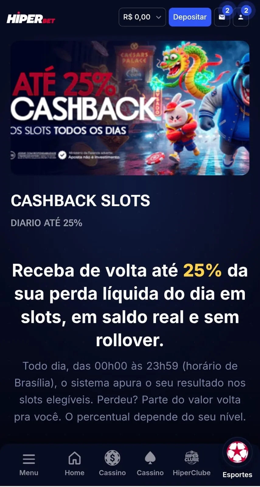Oferta de cashback diário até 25% da Hiperbet.