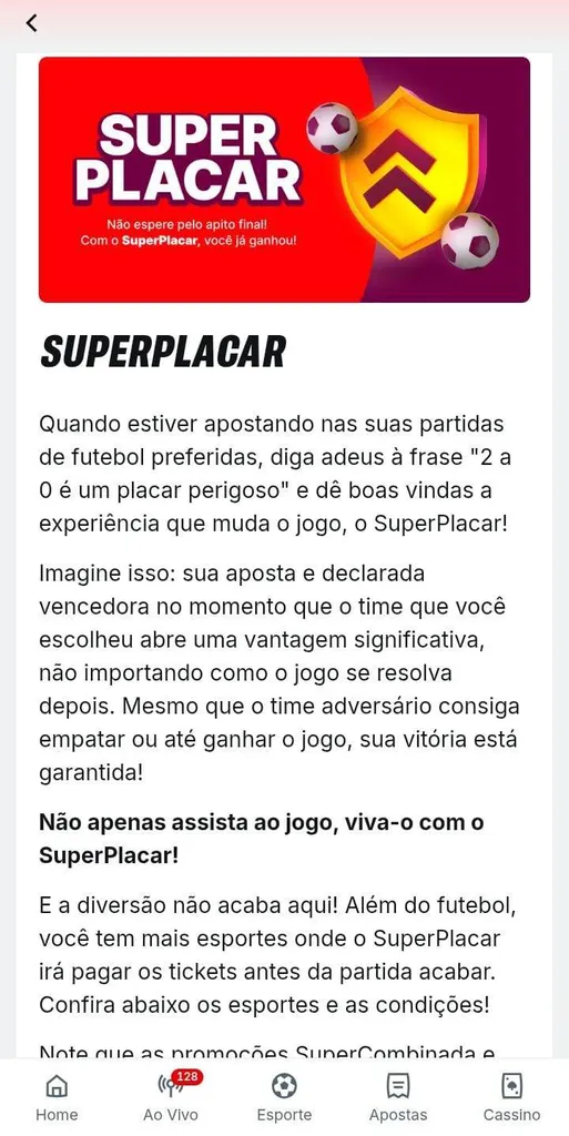 Superplacar da Superbet com regras da oferta de pagamento antecipado com 2 gols de vantagem do time escolhido