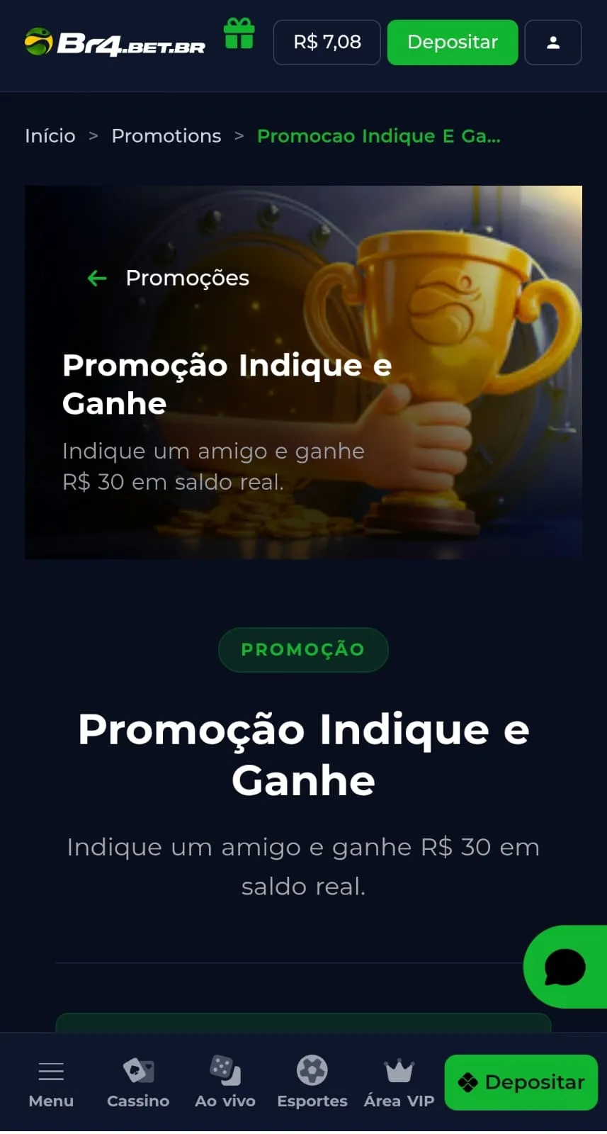 Bônus de indicação na Br4bet com R$ 30 em sldo real, com texto explicativo e troféu no banner promocional.