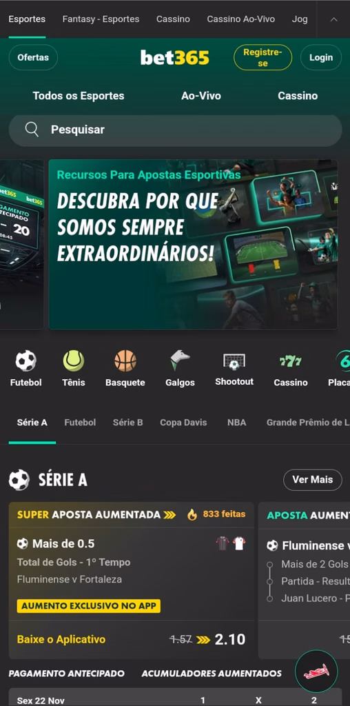 Captura de tela da página inicial da Bet365