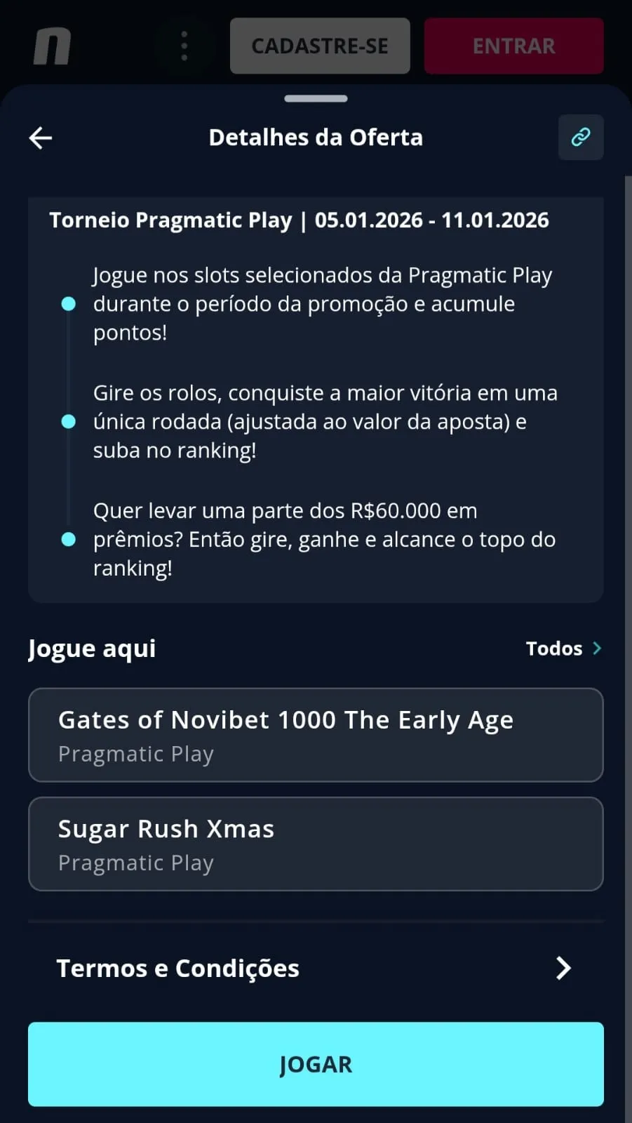 Detalhes do torneio de cassino Novibet com jogos da Pragmatic Play e prêmio de R$60 mil distribuído.