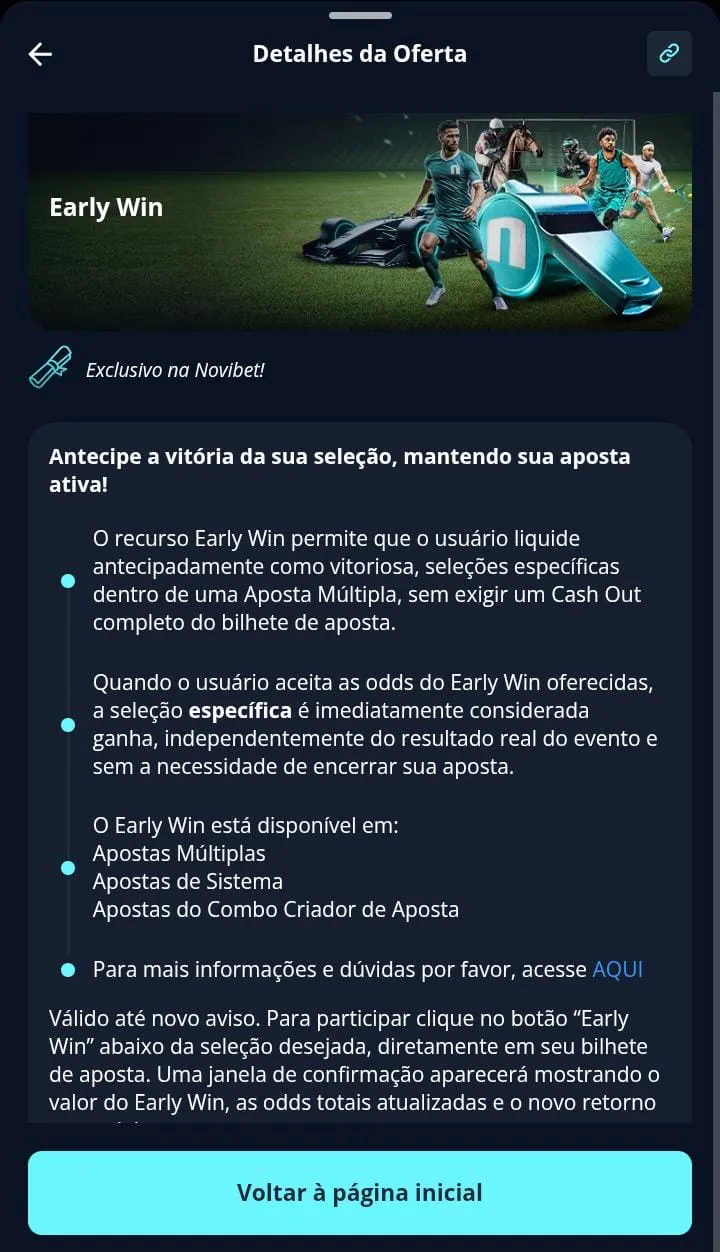 Oferta Early Win na Novibet, com texto explicativo e apito de árbitro no banner promocional