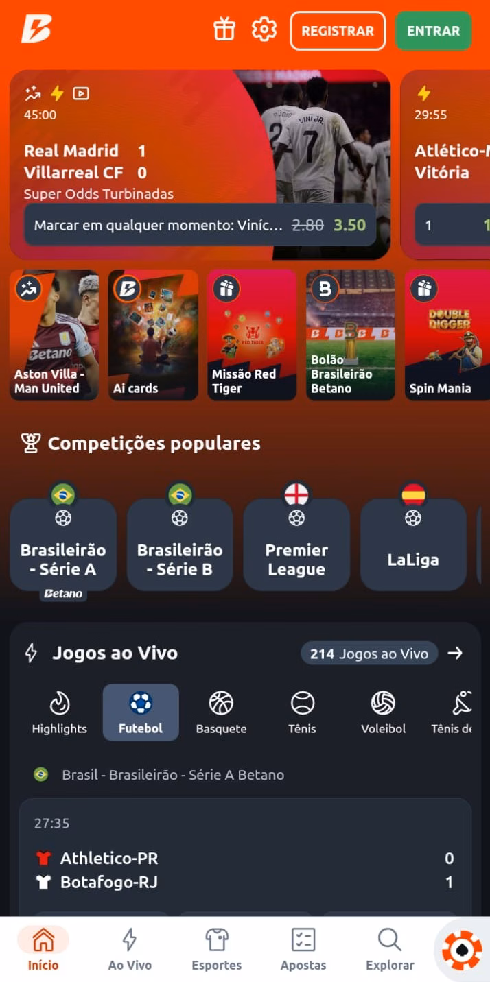 Betano app de apostas com lista de ofertas, competições de esportes como Brasileirão e Premier League e jogos ao vivo.